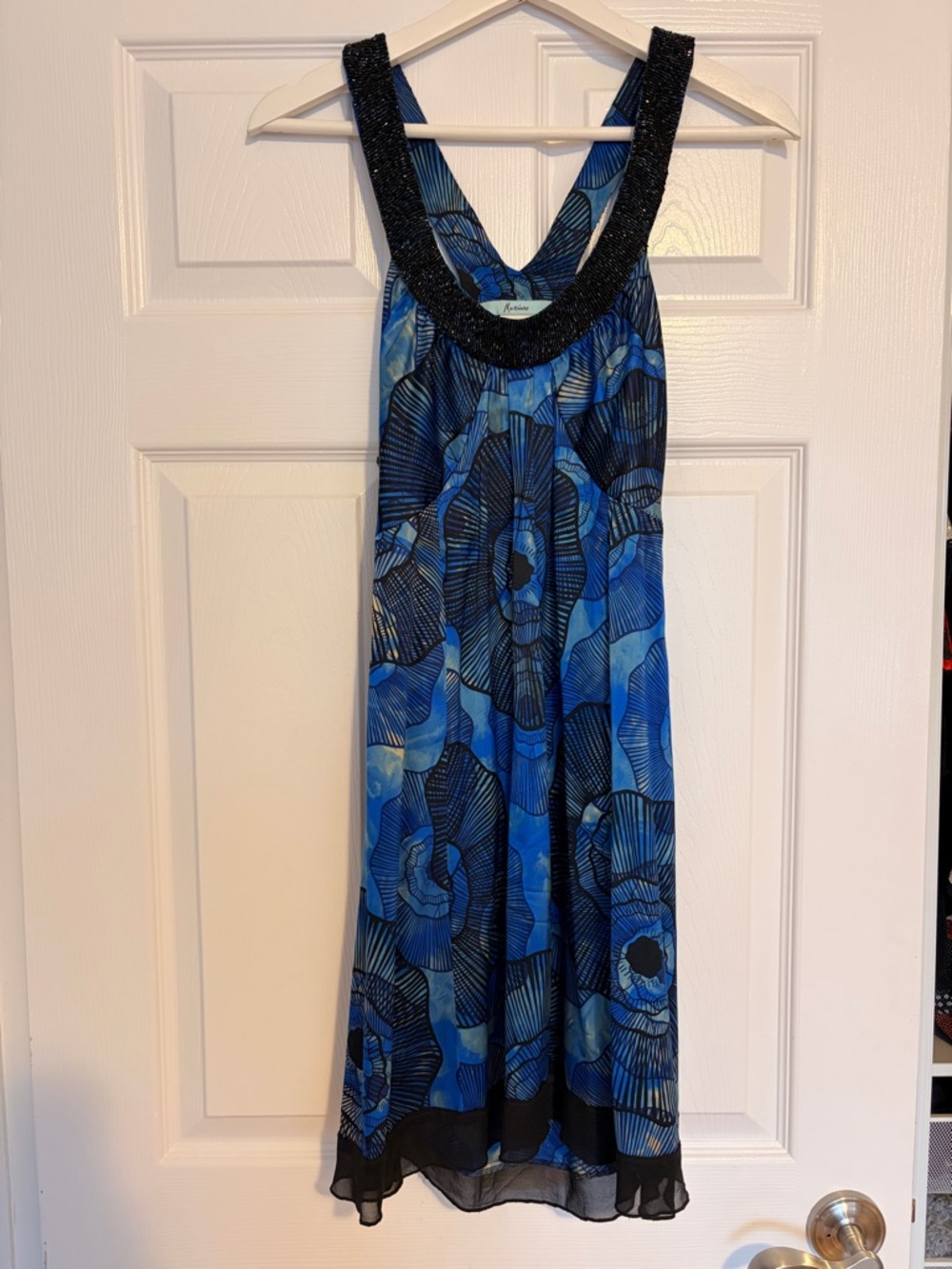 Silk Marciano Blue Printed Beaded Scoop-Neck Sleeveless Chemise slip dress mini - Picture 3 of 8
